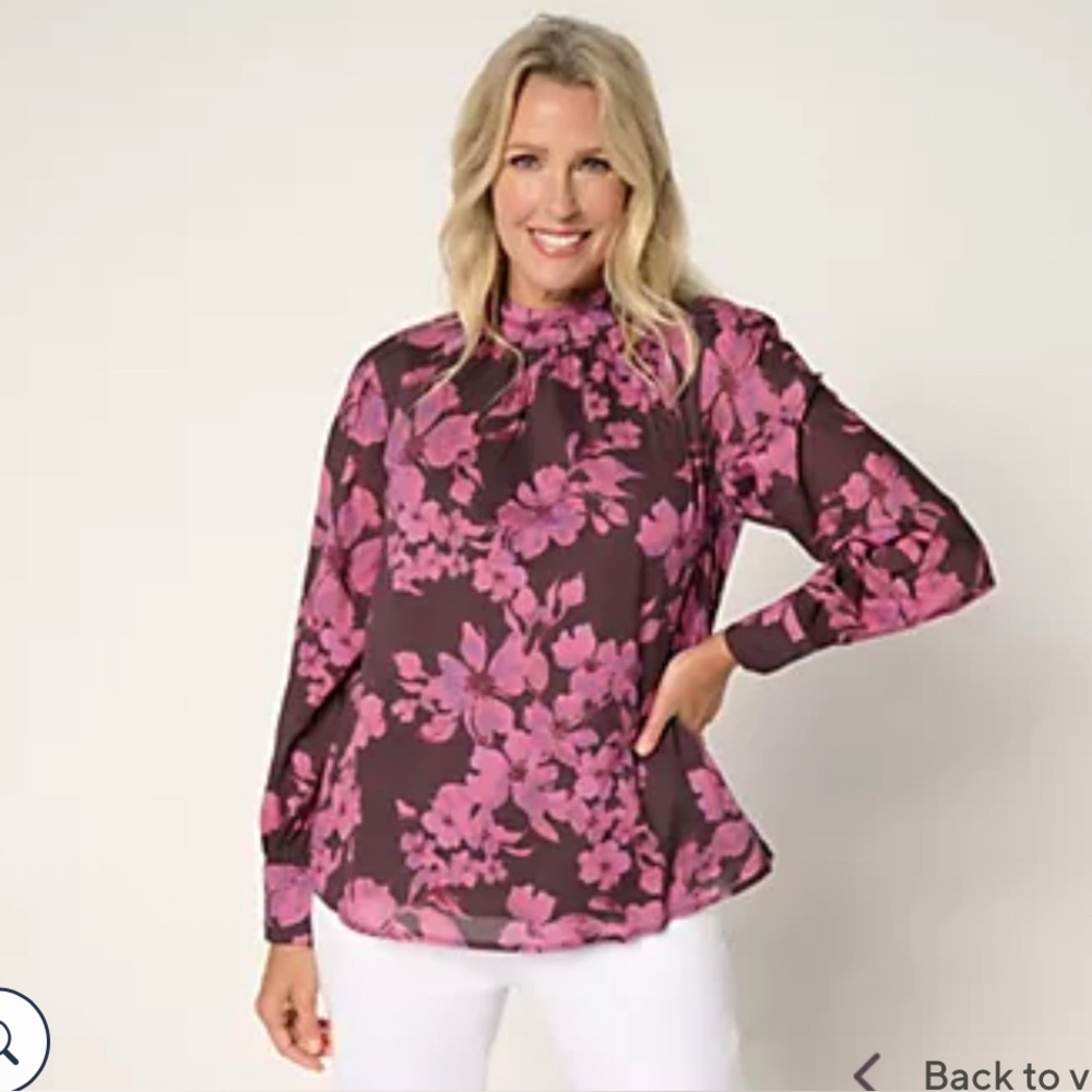 NWOT BEAUTIFUL by Lawrence Zarian Printed Mock Neck Blouse  large dark cherry